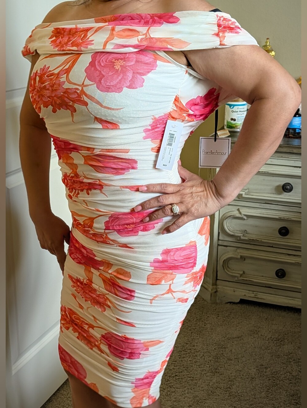 Premier Off Shoulder Floral Bodycon Dress in Cream with Pink & Coral